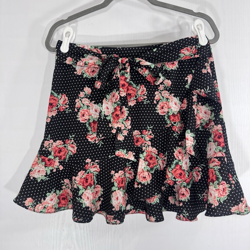 Lea & Viola Women Floral Faux Wrap Ruffle Cute Multicolor Tie Mini Skirt Size M